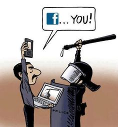 Graphic of a citizen saying to a police officer, F You with the F being the Facebook logo 